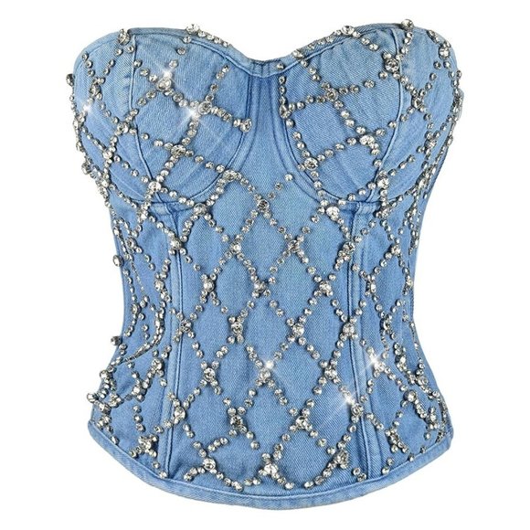 NEW Sparkling Bling Swarovski Crystal Rhinestone Denim Jeans Bustier Bra… - Picture 4 of 10